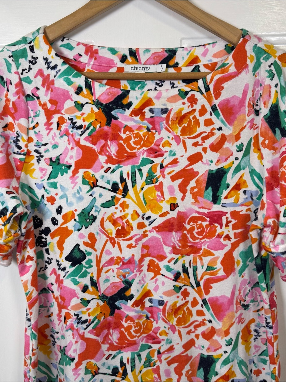 Chico's Watercolor Floral Short Sleeve Cotton Top Multicolor Size 2 Large